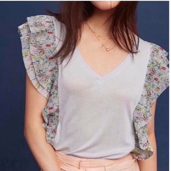 Anthropologie Tops - Anthropologie Vanessa Virginia Metallic Floral Flutter Trim VNeck Sleeveless Top